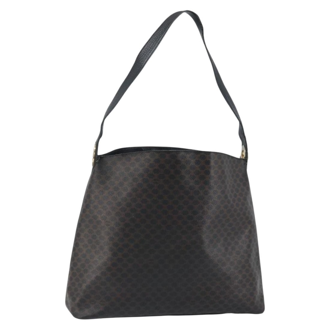 Celine Macadam Black PVC Canvas Shoulder Bag with Gold Accents: Celine Macadam Black PVC Canvas Shoulder Bag with Gold Accents This CELINE Macadam Canvas shoulder bag features a black and gold PVC leather exterior with the iconic Macadam pattern. Designed for wome