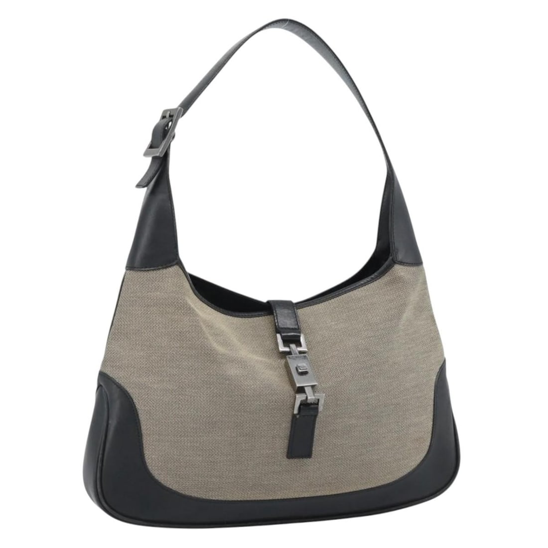 Gucci Jackie Beige Canvas Shoulder Bag Silver Tone 00963: Gucci Jackie Beige Canvas Shoulder Bag Silver Tone 00963 A Gucci Jackie shoulder bag in beige and silver canvas, made in Italy. It features a shoulder bag style and comes as the item shown in the phot