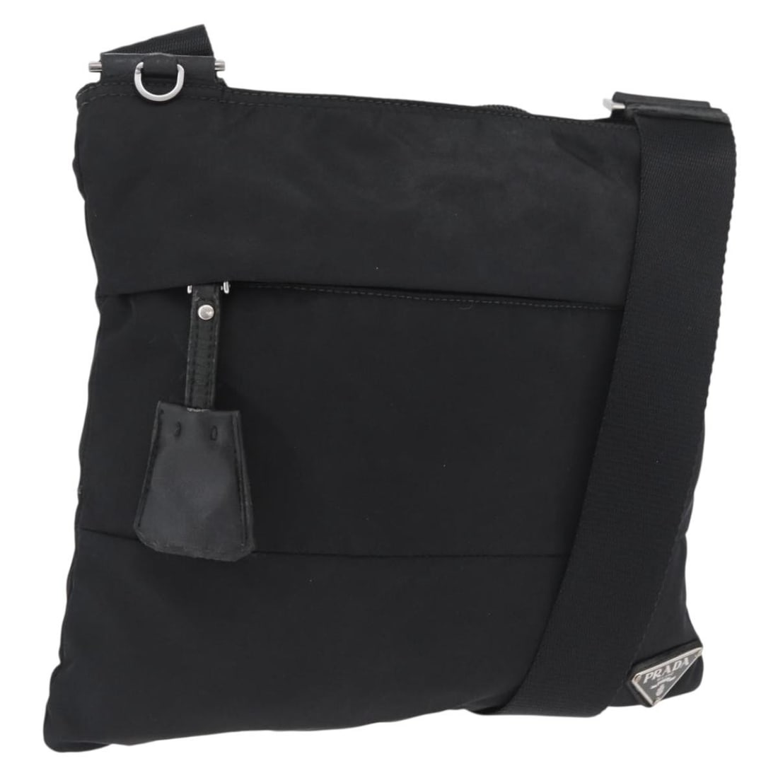 Prada Black Nylon Women's Shoulder Purse with Silver Accents: Prada Black Nylon Women's Shoulder Purse with Silver Accents This PRADA shoulder bag is crafted from black nylon with silver-tone accents. Designed for women, it features an adjustable shoulder strap 