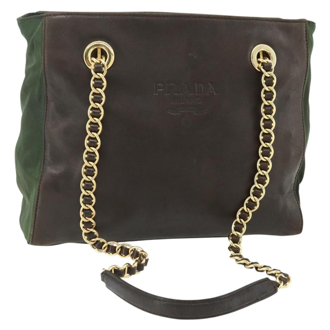Prada Nylon Tote Bag Green Leather Trim Gold Tone With Guarantee Card: Prada Nylon Tote Bag Green Leather Trim Gold Tone With Guarantee Card Prada chain tote bag in green and gold, made from nylon with leather details. It includes a guarantee card and was made in Italy. 