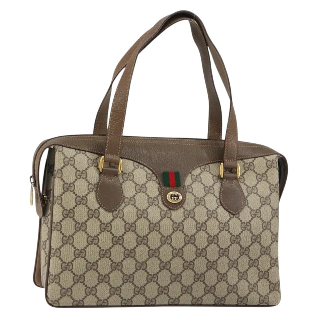GUCCI GG Supreme Sherry Line PVC Canvas Handbag Beige Gold: GUCCI GG Supreme Sherry Line PVC Canvas Handbag Beige Gold Gucci GG Supreme Web Sherry Line hand bag in beige and gold, made from PVC leather and GG canvas. This Italy-made bag measures approximately 