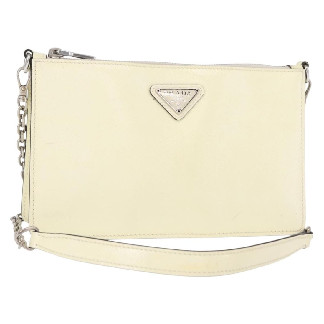 PRADA Saffiano Leather Shoulder Bag White Silver Chain Strap: PRADA Saffiano Leather Shoulder Bag White Silver Chain Strap A Prada chain shoulder bag in white and silver Saffiano leather, made in Italy. It features a shoulder bag style with a chain shoulder stra