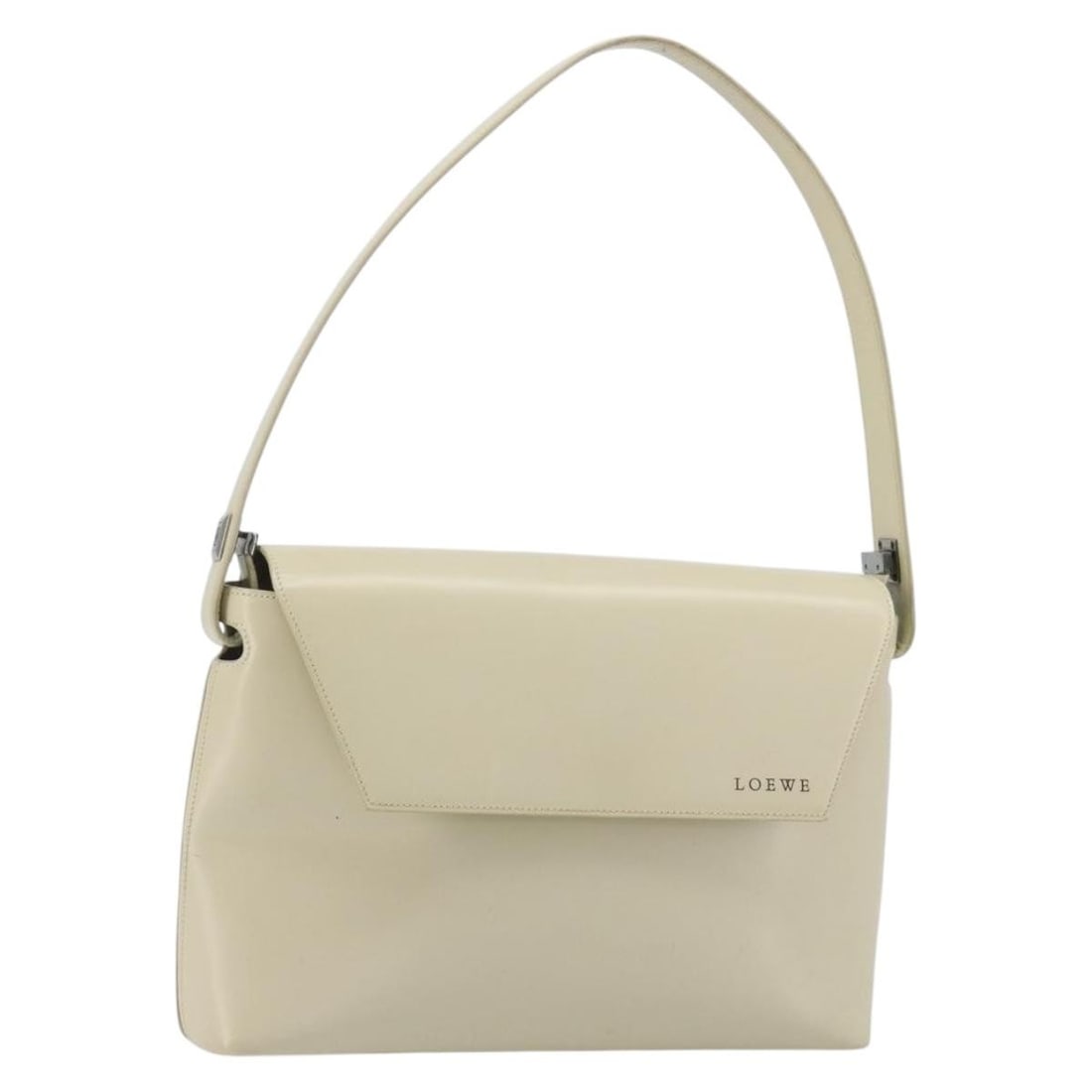 LOEWE Beige Silver Enamel Hand Bag for Women: LOEWE Beige Silver Enamel Hand Bag for Women LOEWE women's handbag in beige and silver enamel with a structured silhouette and dual handles. This pre-owned bag shows visible wear consistent with heavy