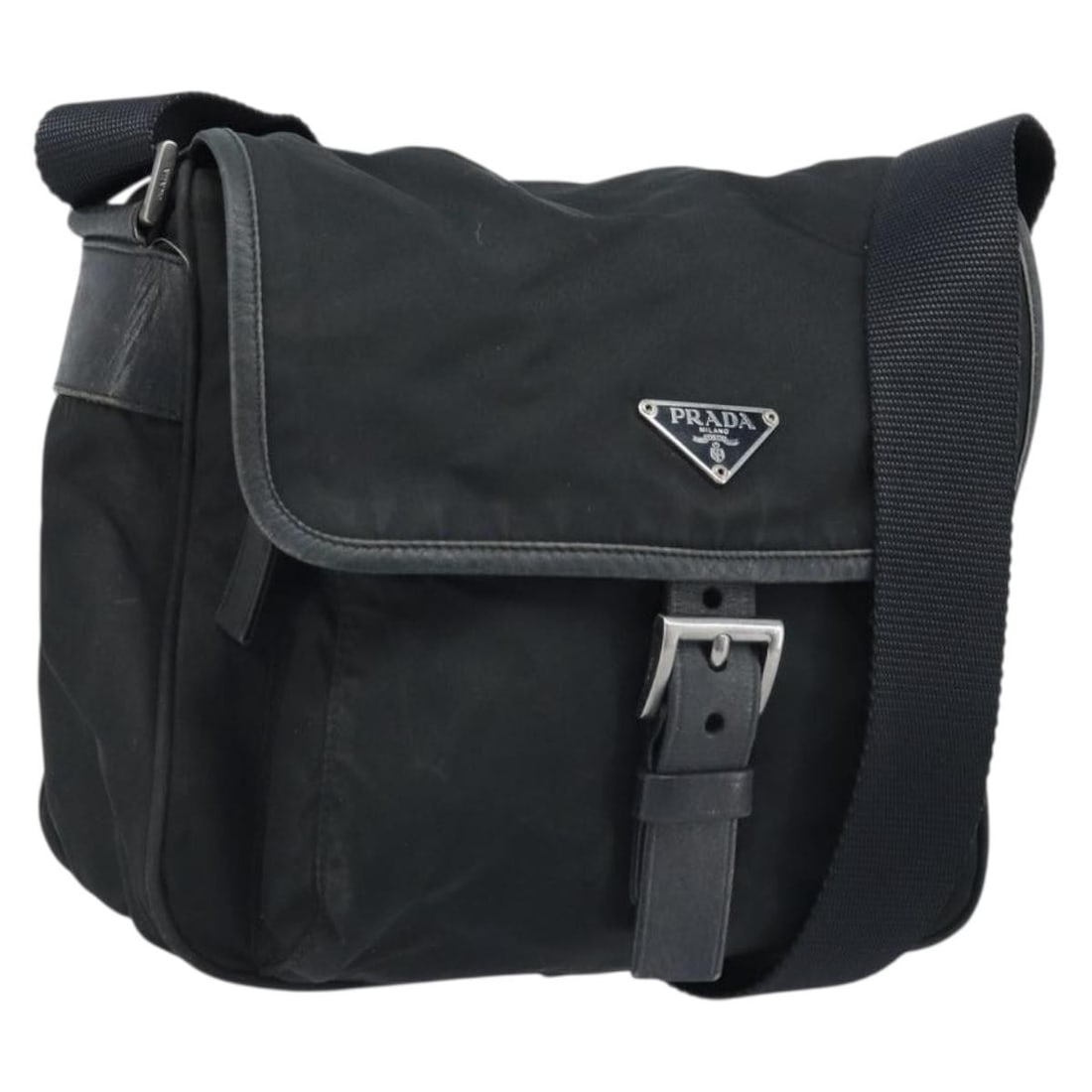 Prada Black Nylon Shoulder Purse with Silver Accents for Women: Prada Black Nylon Shoulder Purse with Silver Accents for Women This PRADA shoulder bag features a black nylon exterior with silver-tone accents. Designed for women, the bag offers a practical and styl
