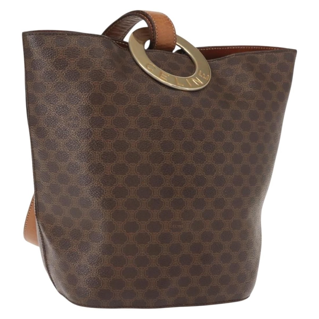 CELINE Macadam Circle Shoulder Bag Brown PVC Leather Canvas Gold Tone: CELINE Macadam Circle Shoulder Bag Brown PVC Leather Canvas Gold Tone A brown and gold shoulder bag in PVC leather and Macadam canvas, presented in a circular style. It features a shoulder drop of app