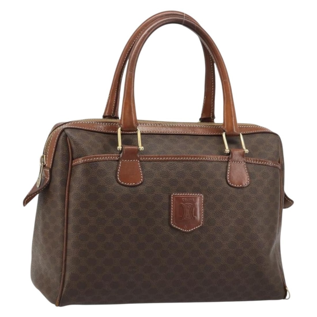 Celine Macadam Canvas and PVC Leather Boston Bag Brown Gold Italy: Celine Macadam Canvas and PVC Leather Boston Bag Brown Gold Italy This Celine Macadam Boston bag features a classic brown and gold design crafted from PVC leather and Macadam canvas. Made in Italy, it