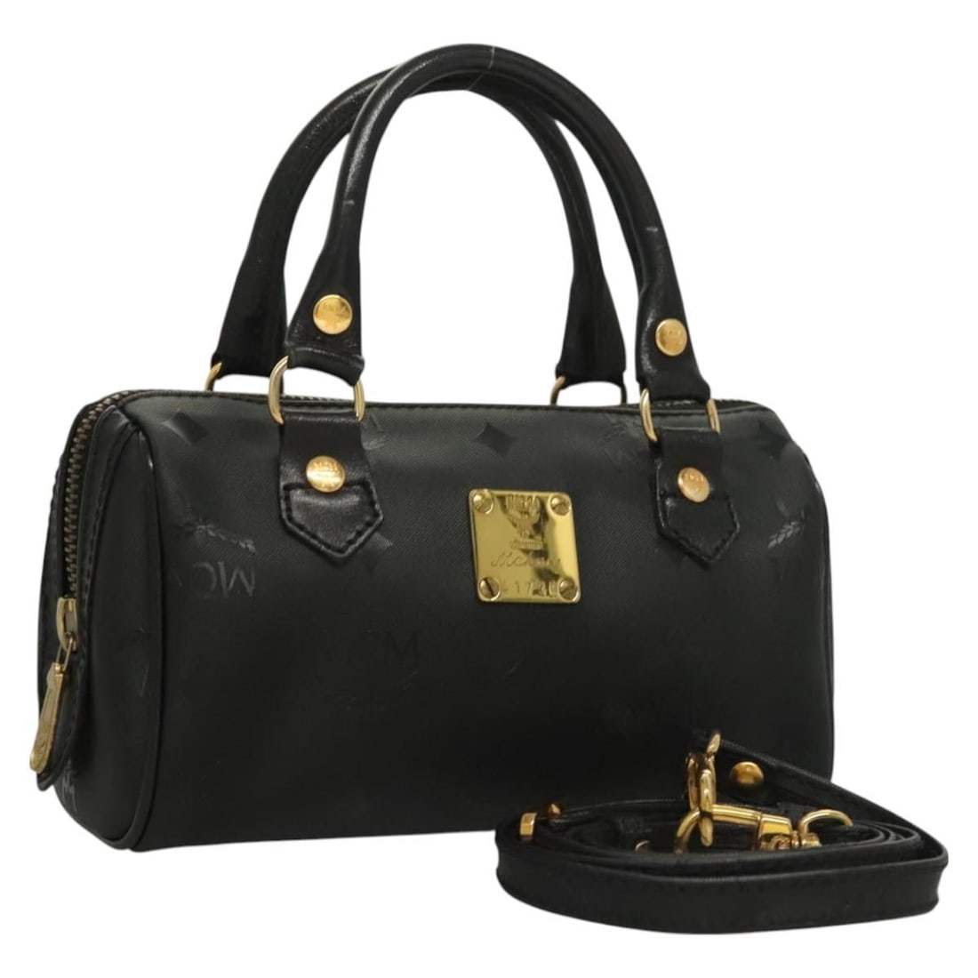 MCM black gold PVC logo handbag with shoulder strap: MCM black gold PVC logo handbag with shoulder strap This MCM Vicetos Logogram handbag is crafted from black and gold PVC leather and offers versatile carrying options with both handles and a detachabl