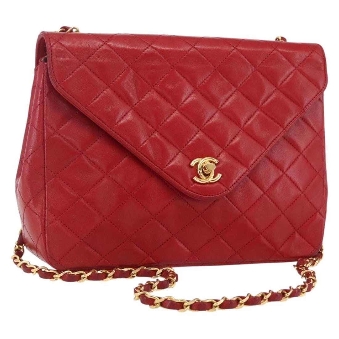 CHANEL CC Matelasse Lamb Skin Shoulder Bag Red Gold Chain: CHANEL CC Matelasse Lamb Skin Shoulder Bag Red Gold Chain CHANEL Matelasse chain shoulder bag in lamb skin with a gold and red exterior. Made in Italy, this women's shoulder bag measures approximately