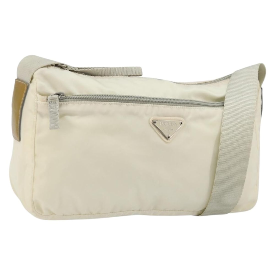 Prada White Silver Nylon Shoulder Bag Made in Italy: Prada White Silver Nylon Shoulder Bag Made in Italy White Prada shoulder bag in nylon with silver-tone hardware. Made in Italy, it measures approximately 27 cm W x 17 cm H x 9 cm D, with a shoulder dr