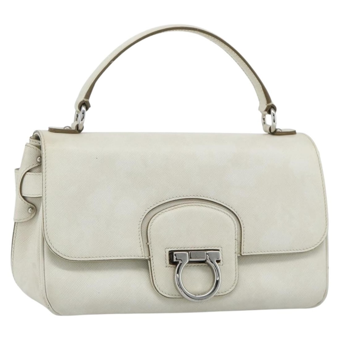 Salvatore Ferragamo Gancini White Leather Handbag Silver Tone: Salvatore Ferragamo Gancini White Leather Handbag Silver Tone Salvatore Ferragamo Gancini hand bag in leather with a white and silver exterior. This women's handbag was made in Italy and measures appr