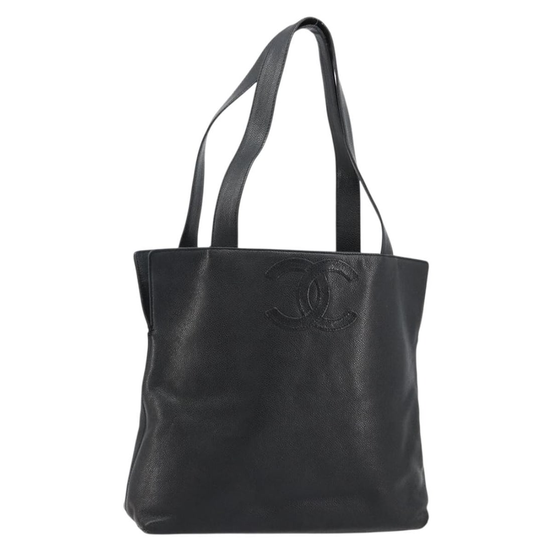 CHANEL Caviar Skin Tote Handbag Black with Gold CC Italy: CHANEL Caviar Skin Tote Handbag Black with Gold CC Italy CHANEL tote bag crafted in caviar skin with a black and gold color scheme. It is made in Italy and features a handle drop of approximately 25 c