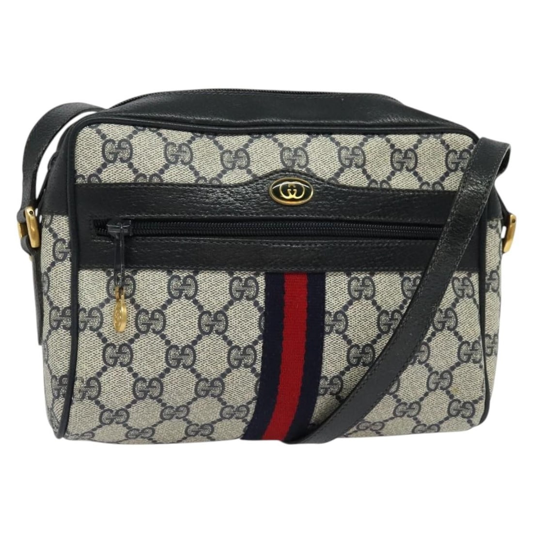 GUCCI GG Supreme Sherry Line Shoulder Bag PVC Navy Gold 32 02 004 Auth: GUCCI GG Supreme Sherry Line Shoulder Bag PVC Navy Gold 32 02 004 Auth This GUCCI GG Supreme Sherry Line Shoulder Bag is crafted from durable PVC leather in a stylish navy, gold, and red color scheme.