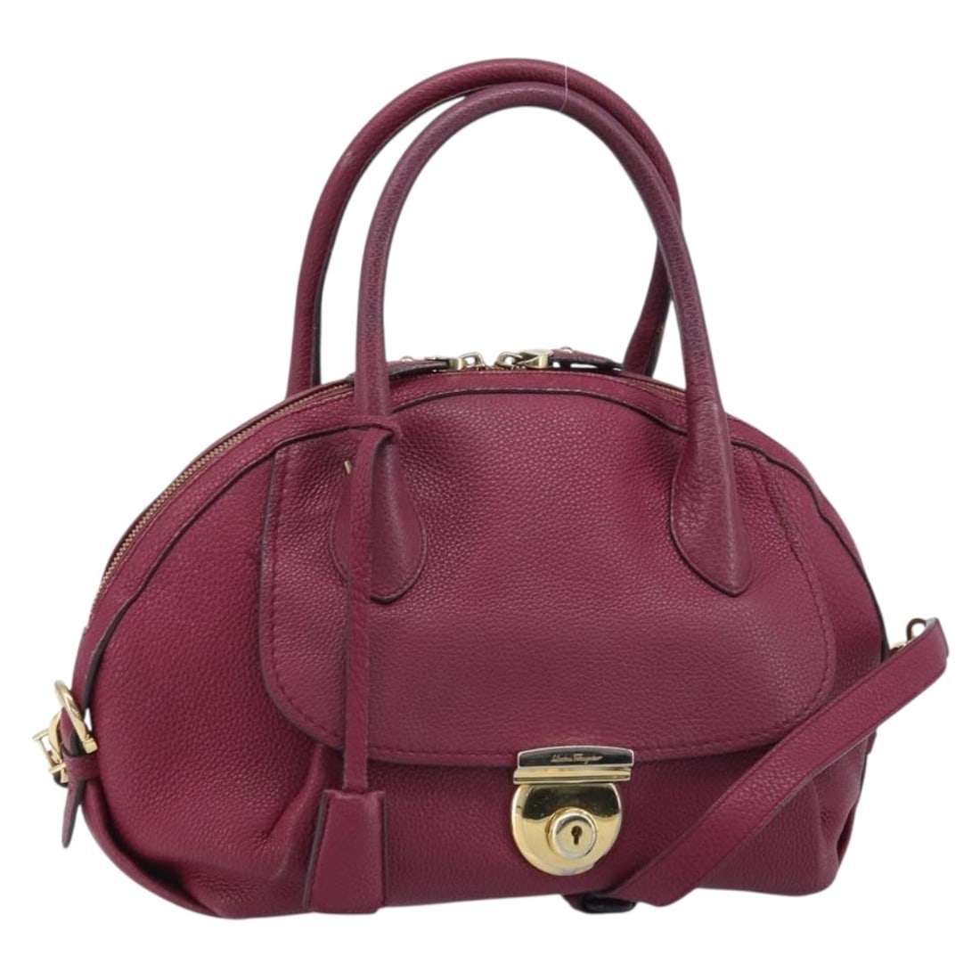 Salvatore Ferragamo Purple Leather 2way Handbag with Gold Accents and Strap: Salvatore Ferragamo Purple Leather 2way Handbag with Gold Accents and Strap This Salvatore Ferragamo 2-way handbag is crafted from leather in a striking purple and gold color combination. Designed for