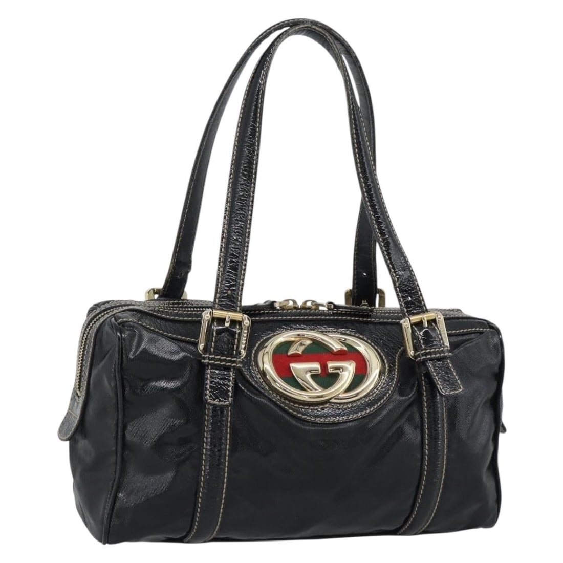 Gucci 170009 Web Sherry PVC Leather Handbag Black Gold: Gucci 170009 Web Sherry PVC Leather Handbag Black Gold Gucci Web Sherry Line hand bag in black and gold, made from PVC leather. It measures approximately W28 x H16 x D9 cm with a handle drop of about 