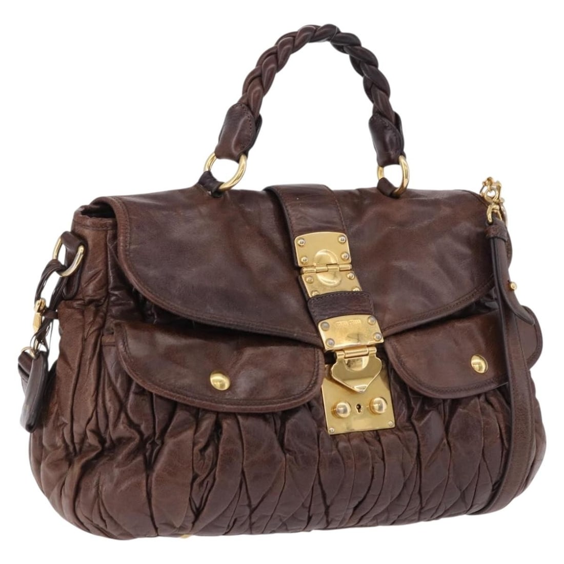 Miu Miu Matelasse Leather 2way Handbag Brown with Shoulder Strap: Miu Miu Matelasse Leather 2way Handbag Brown with Shoulder Strap Brown Miu Miu Matelasse leather handbag in a 2-way style, featuring a shoulder strap accessory and gold tone hardware. Made in Turkey, 