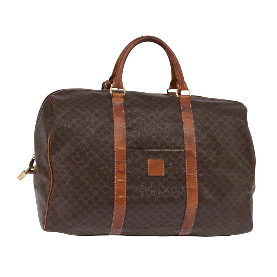 CELINE Macadam Canvas Boston Bag PVC Leather Brown Gold Auth Italy: CELINE Macadam Canvas Boston Bag PVC Leather Brown Gold Auth Italy This authentic CELINE Macadam Canvas Boston Bag is a luxurious accessory crafted in Italy, showcasing a sophisticated blend of PVC le