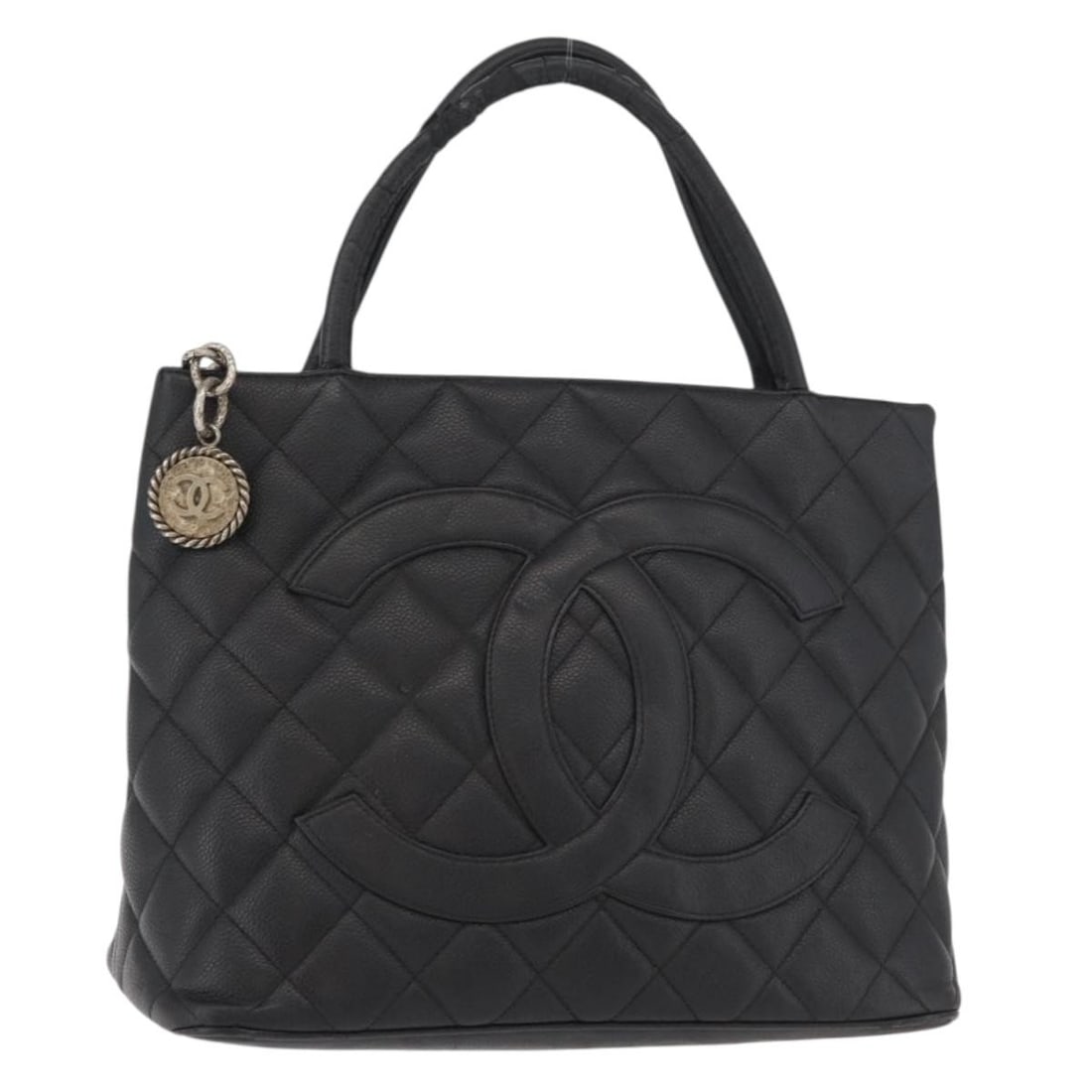 CHANEL Caviar Skin Tote Bag Black Silver CC: CHANEL Caviar Skin Tote Bag Black Silver CC CHANEL tote bag in black Caviar Skin with silver-tone exterior details. This women's bag has a structured tote style and was made in Italy. It is offered in