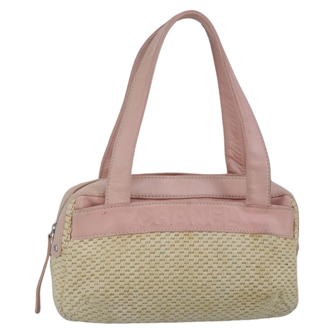 CHANEL Pink Canvas Hand Bag Silver Tone CC with Guarantee Card: CHANEL Pink Canvas Hand Bag Silver Tone CC with Guarantee Card CHANEL hand bag in pink and silver canvas with leather details, made in Italy. It comes with a guarantee card and is described as heavily