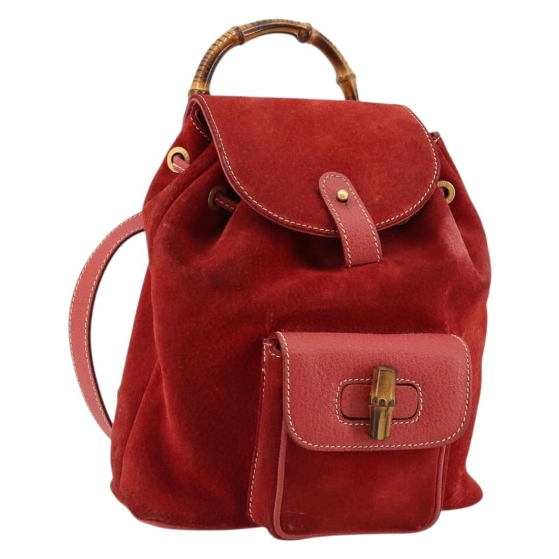 Gucci 003 1956 0030 Red Suede Bamboo Backpack Italy: Gucci 003 1956 0030 Red Suede Bamboo Backpack Italy Gucci Bamboo Backpack in red suede with gold-tone details. This backpack was made in Italy and measures approximately W21 cm x H21 cm x D7 cm (W8.3 