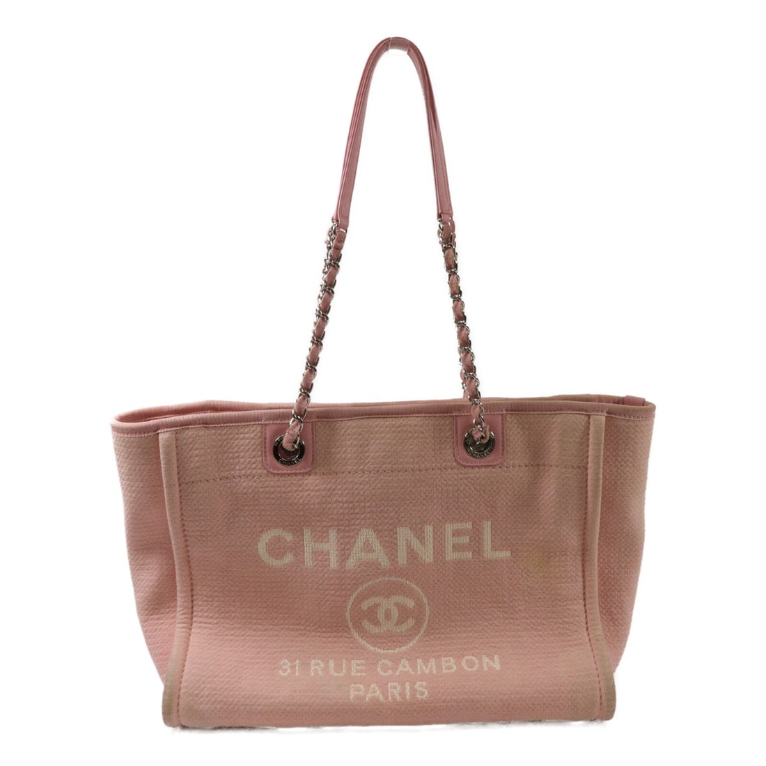 CHANEL Deauville Small Pink Canvas Chain Tote Bag SHW: CHANEL Deauville Small Pink Canvas Chain Tote Bag SHW CHANEL Deauville Small Chain Tote Bag in pink canvas. This tote bag is made for women and features a magnetic pocket, two open interior pockets, a