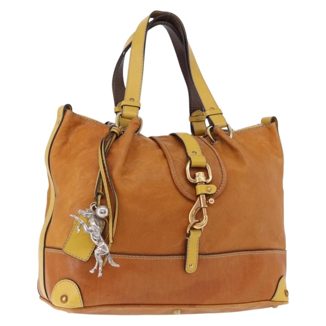 Chloe Beige Leather Handbag with Charm Guarantee Card: Chloe Beige Leather Handbag with Charm Guarantee Card A Chloe leather hand bag in beige, gold, and silver. It comes with a guarantee card and charm, and was made in Romania. The bag is described as he