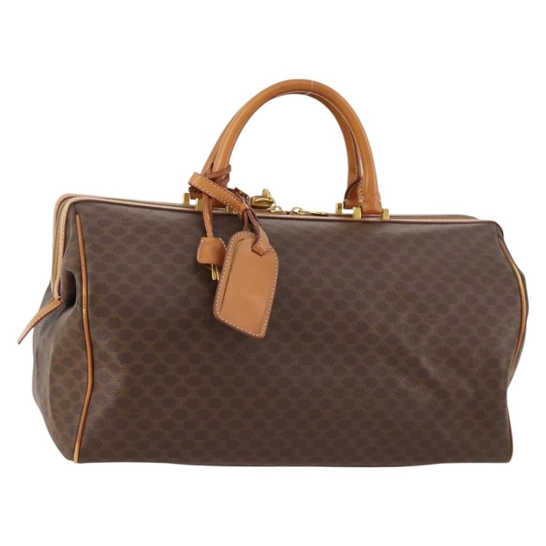 Celine Macadam Brown Boston Bag PVC Leather with Gold Details and Accessories: Celine Macadam Brown Boston Bag PVC Leather with Gold Details and Accessories This is a CELINE Boston Bag crafted from Macadam canvas with PVC leather trim in a brown and gold color scheme. It feature