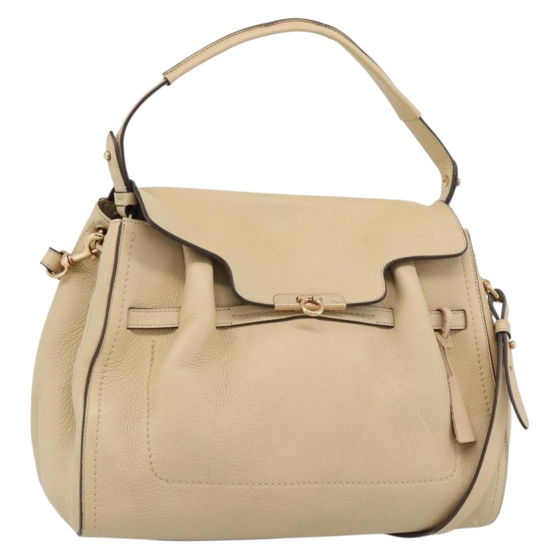 Salvatore Ferragamo Gancini Beige Leather 2way Handbag with Shoulder Strap: Salvatore Ferragamo Gancini Beige Leather 2way Handbag with Shoulder Strap Salvatore Ferragamo Gancini 2-way handbag in beige leather with gold-tone accents. This women's bag includes a shoulder strap