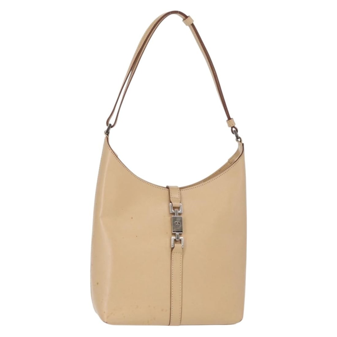 Gucci Jackie Beige Leather Shoulder Bag Silver Tone 001 3875: Gucci Jackie Beige Leather Shoulder Bag Silver Tone 001 3875 A Gucci Jackie shoulder bag in beige and silver leather, made in Italy. It measures approximately 19 cm x 19 cm x 8 cm, with a shoulder dro