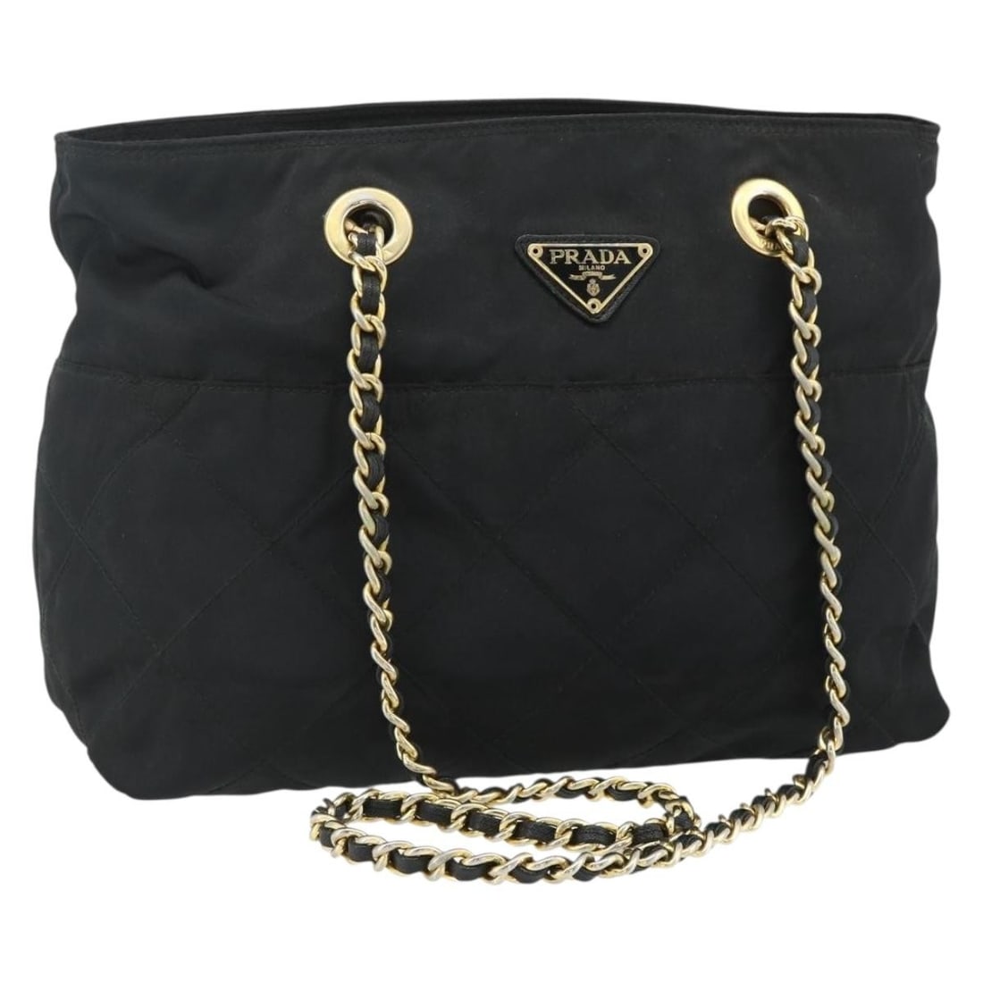 PRADA nylon tote bag black with gold tone chain handle: PRADA nylon tote bag black with gold tone chain handle Black Prada chain tote bag in nylon with gold-tone accents. Made in Italy, this tote is sized at approximately 29 cm wide, 19 cm high, and 10 cm 