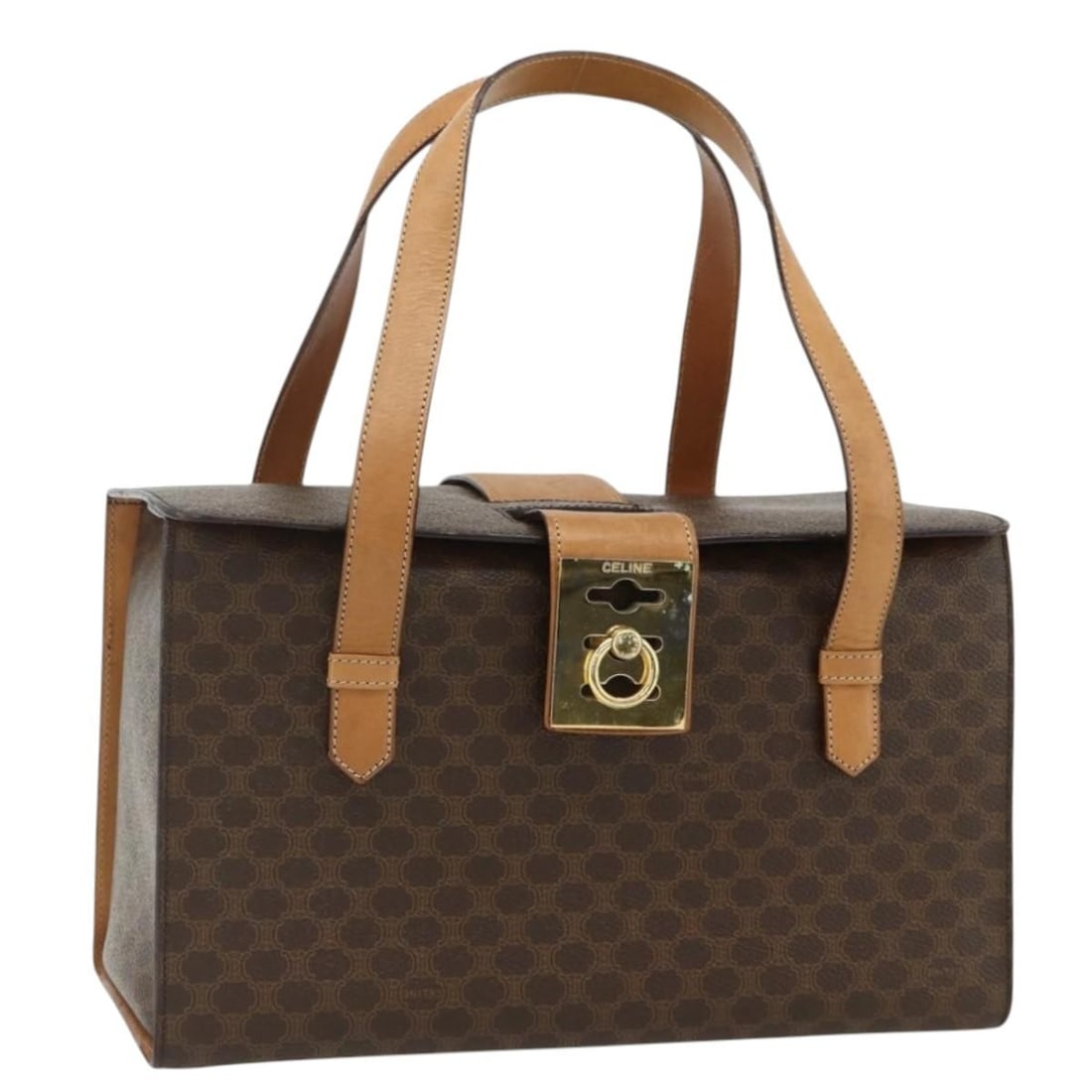Celine Macadam Brown PVC Leather Handbag Gold Tone Hardware: Celine Macadam Brown PVC Leather Handbag Gold Tone Hardware A CELINE hand bag in brown and gold, made from PVC leather and Macadam canvas. It features a structured silhouette and was made in Italy. Th