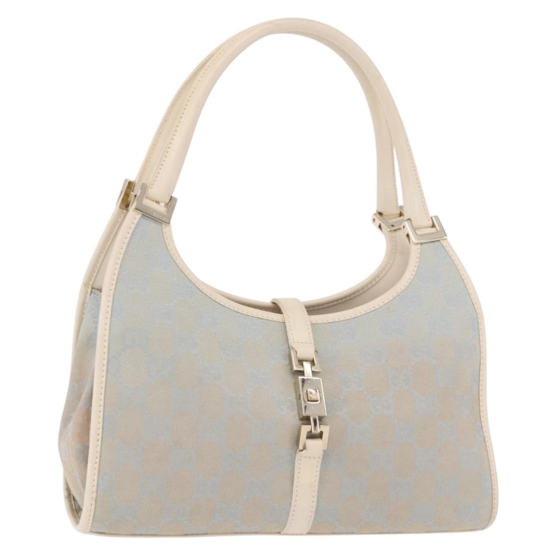 Gucci Jackie GG Canvas Handbag Light Blue Gold Tone 002 5068: Gucci Jackie GG Canvas Handbag Light Blue Gold Tone 002 5068 Gucci Jackie hand bag in light blue and gold GG canvas, made in Italy. It features a handle drop of approximately 15 cm and measures approx