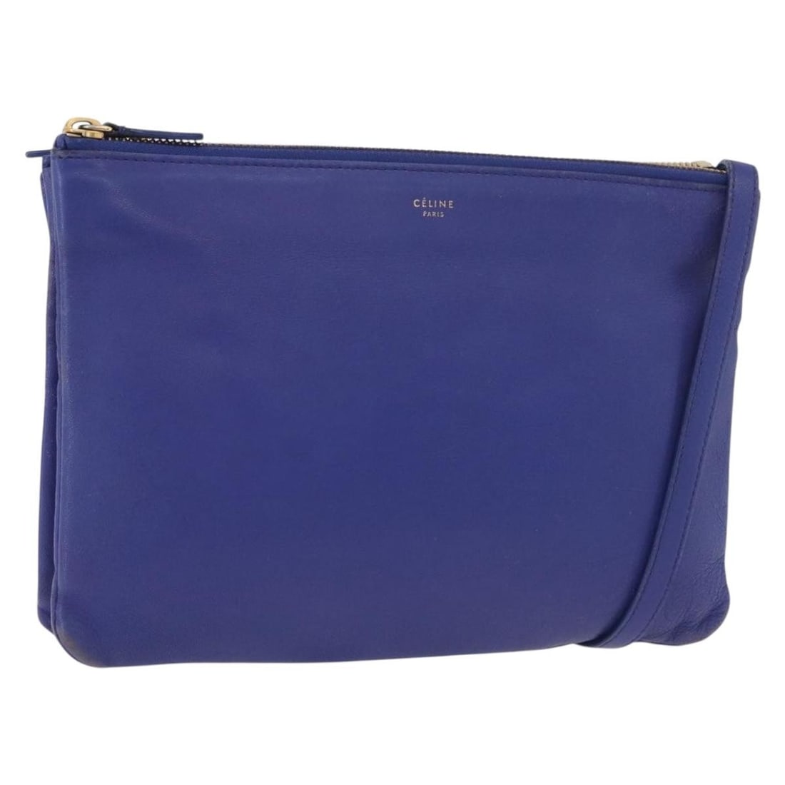 Celine Trio Blue Leather Shoulder Bag Gold Tone Hardware: Celine Trio Blue Leather Shoulder Bag Gold Tone Hardware Celine Trio shoulder bag in blue leather with gold-tone hardware. Made in Italy, this shoulder bag measures approximately W24 x H18 x D2.5 cm, 