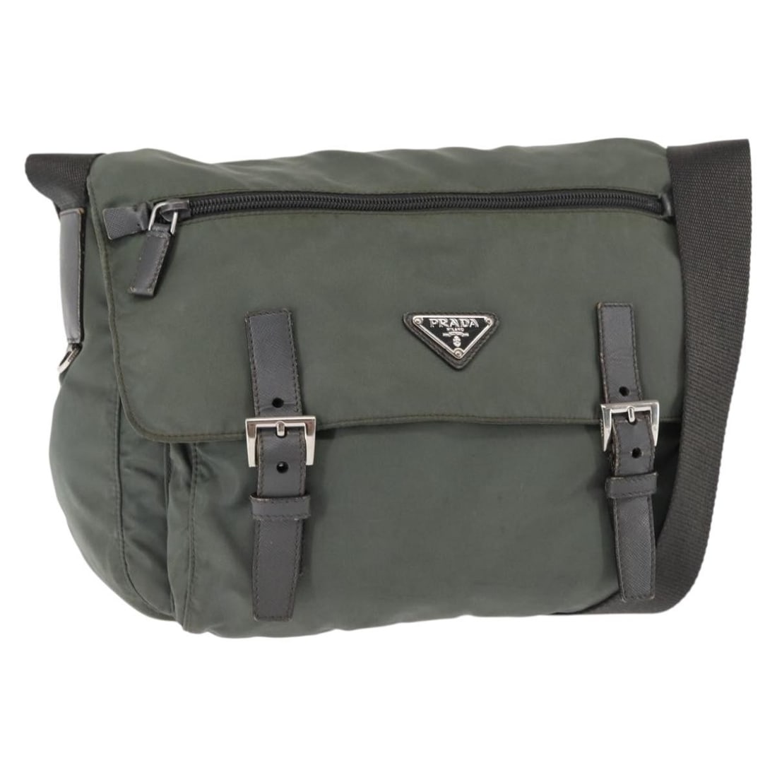 Khaki Nylon Shoulder Bag PRADA with Dust Bag Guarantee Card: Khaki Nylon Shoulder Bag PRADA with Dust Bag Guarantee Card Prada shoulder bag in khaki nylon, made in Italy. It comes with a dust bag and guarantee card. The bag is described as heavily used, with vi