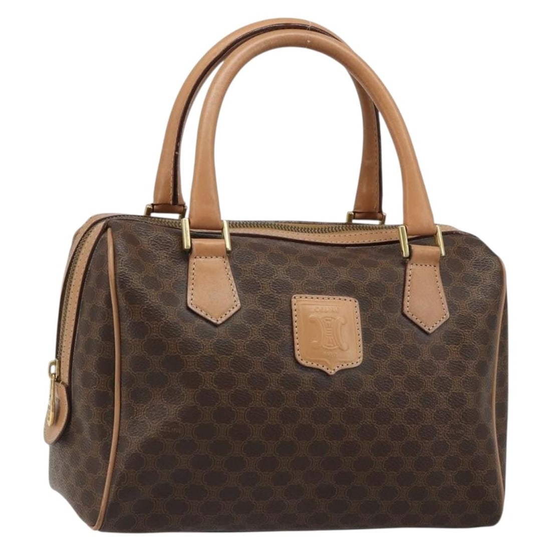 Celine Macadam Boston Bag Brown PVC Leather Gold Tone: Celine Macadam Boston Bag Brown PVC Leather Gold Tone A CELINE Boston bag in brown and gold, crafted from PVC leather and Macadam canvas. Made in Italy, it measures approximately 25 cm x 17 cm x 12 cm