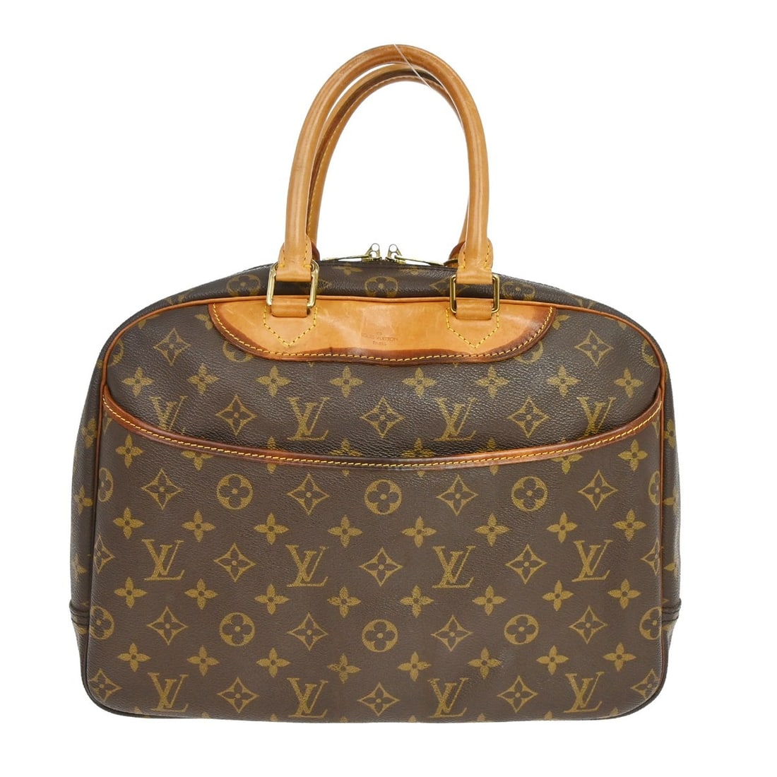 Louis Vuitton Deauville Monogram Canvas Vanity Handbag M47270: Louis Vuitton Deauville Monogram Canvas Vanity Handbag M47270 Louis Vuitton Deauville Bowling Vanity handbag in brown Monogram canvas and leather, made in France. It features a zip closure, double han