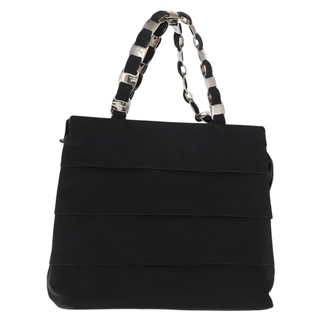 Salvatore Ferragamo Vala Black Silver Canvas Hand Bag Auth BA7330: Salvatore Ferragamo Vala Black Silver Canvas Hand Bag Auth BA7330 This Salvatore Ferragamo Vala Hand Bag is a stylish accessory crafted in Italy from durable canvas in a sophisticated black and silver