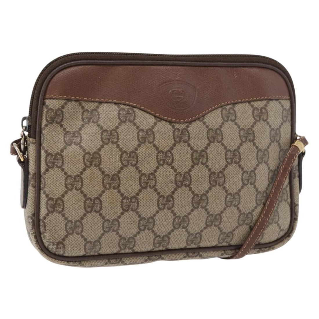 Gucci Beige Gold GG Supreme PVC Leather Shoulder Bag: Gucci Beige Gold GG Supreme PVC Leather Shoulder Bag Gucci shoulder bag in beige and gold GG Supreme/PVC leather, made in Italy. This women's bag measures approximately 22 cm wide, 15 cm high, and 4 c