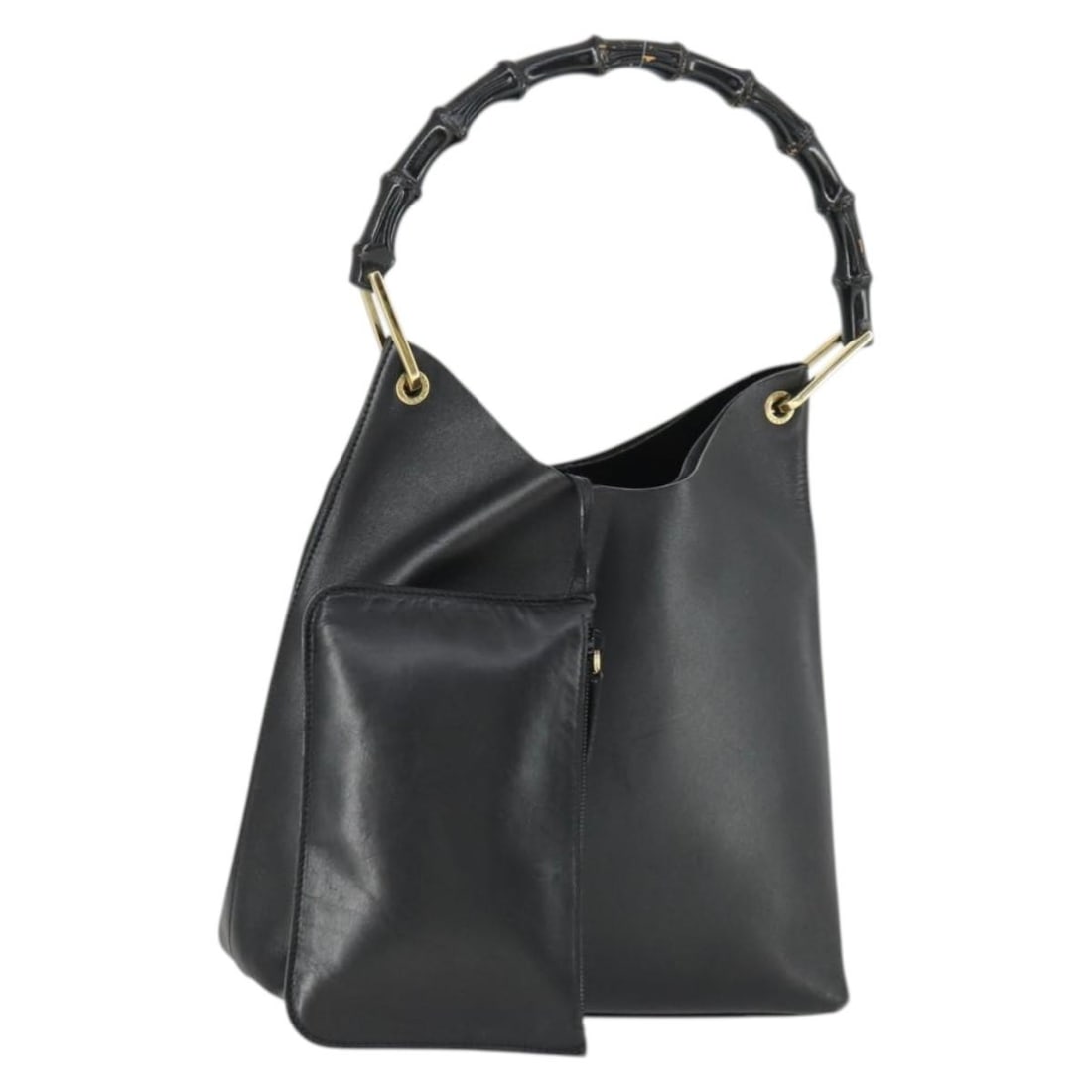 Black Leather Bamboo Shoulder Bag by Gucci Model 001 2113 1880 with Pouch: Black Leather Bamboo Shoulder Bag by Gucci Model 001 2113 1880 with Pouch This GUCCI Bamboo Shoulder Bag features a black and gold leather exterior and a classic bamboo detail. It includes a matching 