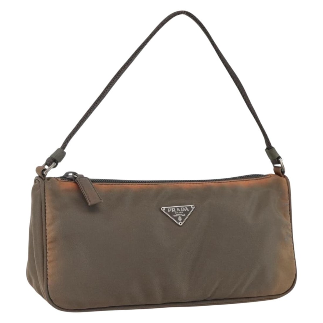 Brown Nylon Accessory Pouch by Prada with Guarantee Card: Brown Nylon Accessory Pouch by Prada with Guarantee Card This PRADA accessory pouch is crafted from brown nylon and designed specifically for women. It features a compact silhouette with a height of a