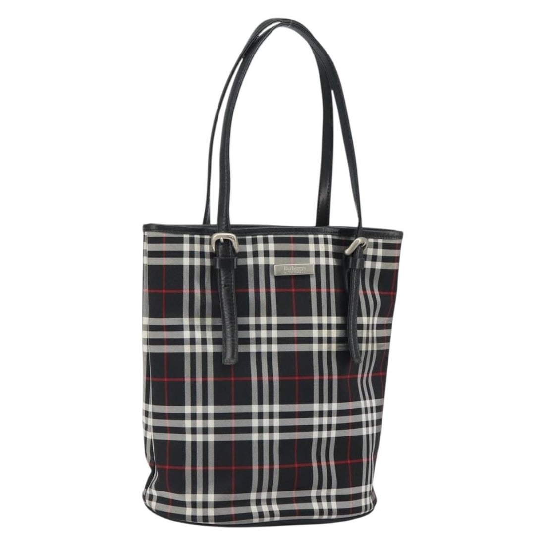 Burberrys Blue Label Black Nylon Tote with Nova Check Pattern: Burberrys Blue Label Black Nylon Tote with Nova Check Pattern This Burberrys Nova Check Blue Label tote bag features a black and silver nylon exterior with silver-tone accents. The tote is designed wi