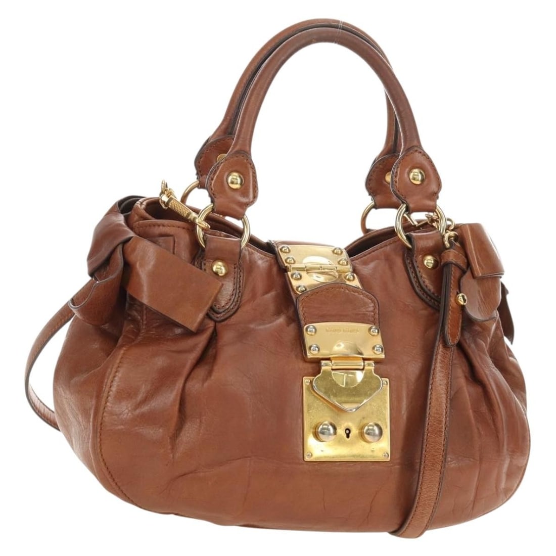 Miu Miu Leather 2way Handbag Side Ribbon Brown Gold (1 of 18)