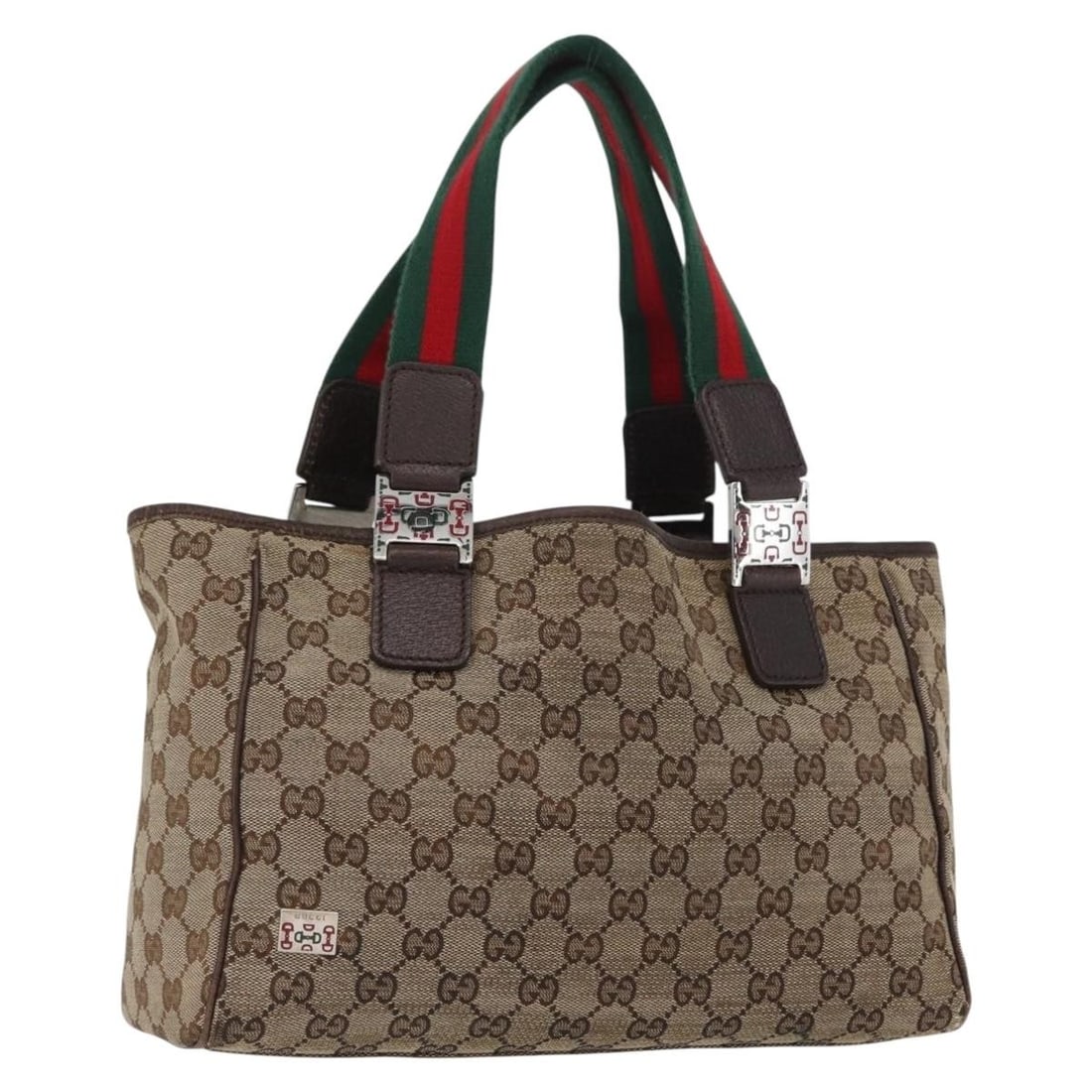 Gucci Sherry Line GG Canvas Tote Beige Silver 145810: Gucci Sherry Line GG Canvas Tote Beige Silver 145810 This GUCCI GG Canvas Web Sherry Line tote bag features a beige and silver GG canvas exterior and is designed for women. The bag measures approximat
