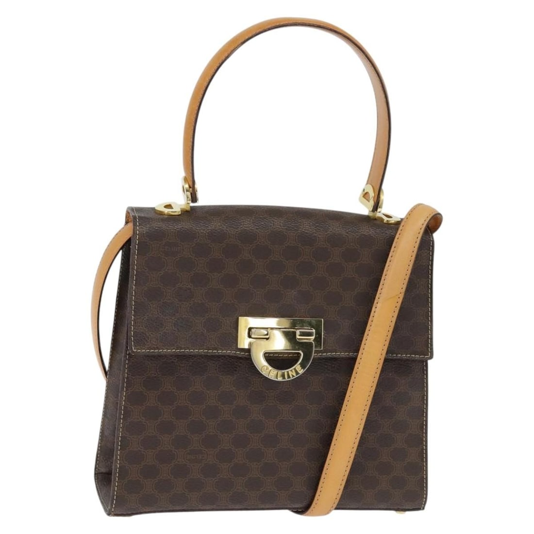 CELINE Macadam 2way Hand Bag Brown PVC Leather Canvas Strap: CELINE Macadam 2way Hand Bag Brown PVC Leather Canvas Strap CELINE Macadam canvas handbag in brown and gold, made from PVC leather and Macadam canvas. This 2-way style comes with a shoulder strap and 