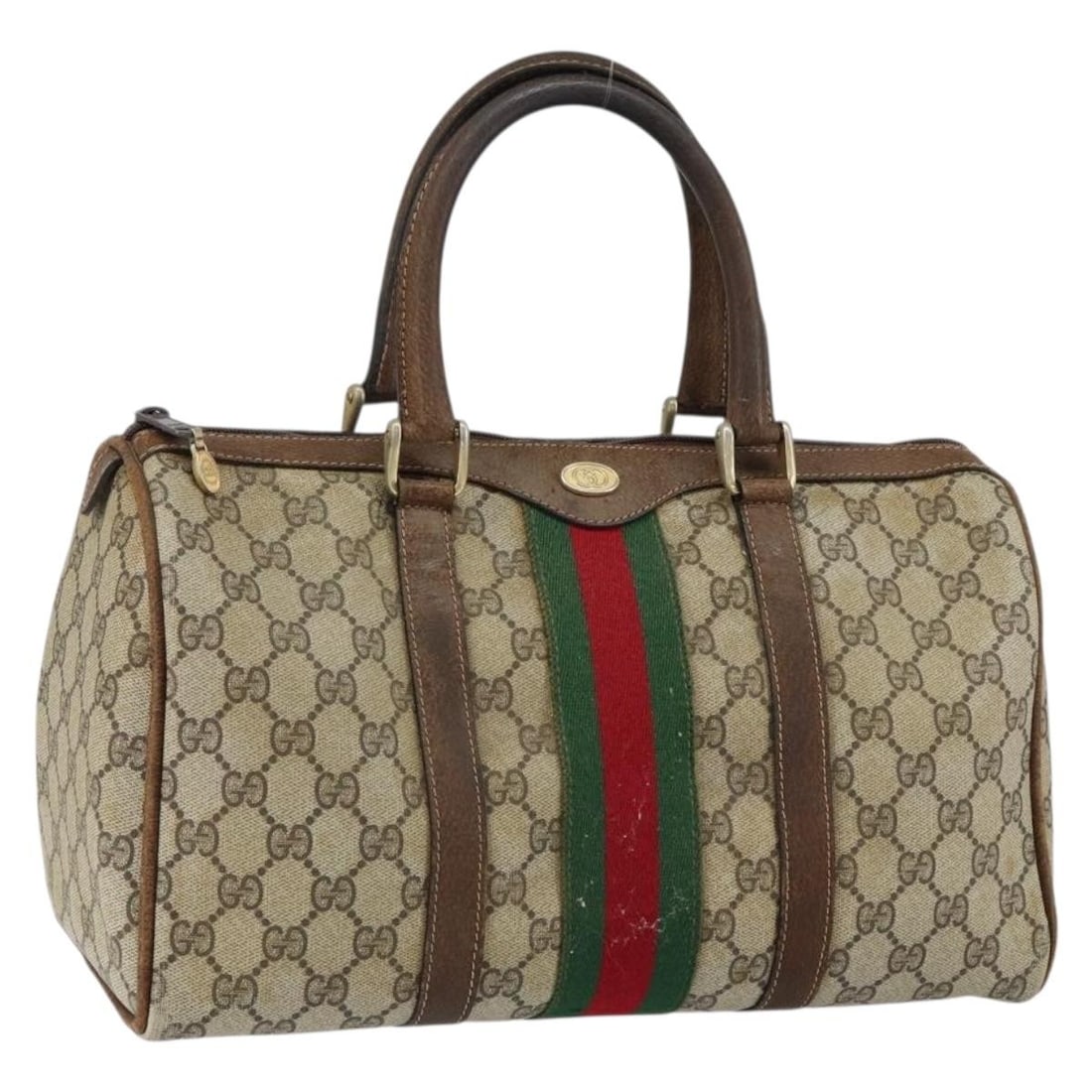 Gucci Sherry Line GG Supreme Boston Bag Beige Gold PVC Leather: Gucci Sherry Line GG Supreme Boston Bag Beige Gold PVC Leather This Gucci Sherry Line bag is a Boston bag in beige and gold, made from PVC leather and GG canvas. It was made in Italy and has a structu