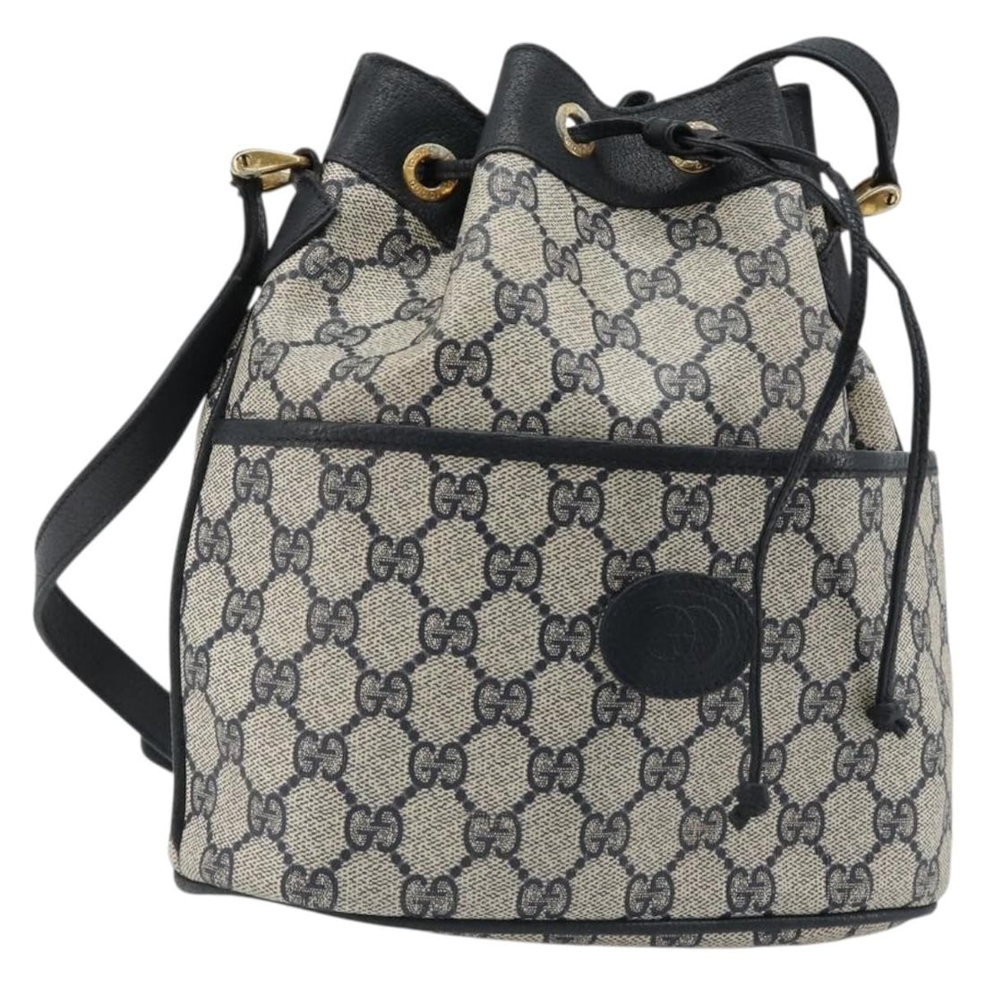 GUCCI 001 093 0791 GG Supreme PVC Leather Shoulder Bag Navy Gold: GUCCI 001 093 0791 GG Supreme PVC Leather Shoulder Bag Navy Gold Gucci shoulder bag in navy and gold with PVC leather and GG canvas exterior. Made in Italy, this women's bag features a shoulder strap 
