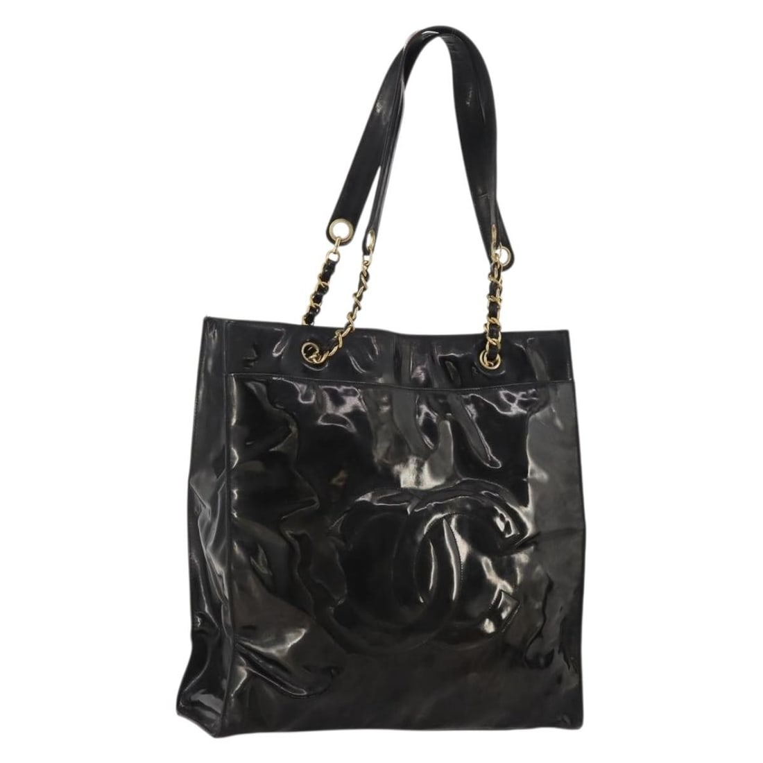CHANEL CC Patent Leather Tote Bag Black Gold Chain Handle: CHANEL CC Patent Leather Tote Bag Black Gold Chain Handle CHANEL chain tote bag in black patent leather with gold-tone details. Made in Italy, this tote features a chain handle and measures approximat
