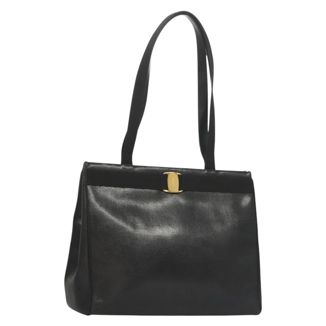 Salvatore Ferragamo Black Gold Leather Tote Bag Auth BA4507: Salvatore Ferragamo Black Gold Leather Tote Bag Auth BA4507 This Salvatore Ferragamo tote bag embodies elegance with its embossed leather design in a striking black and gold color combination. Crafted