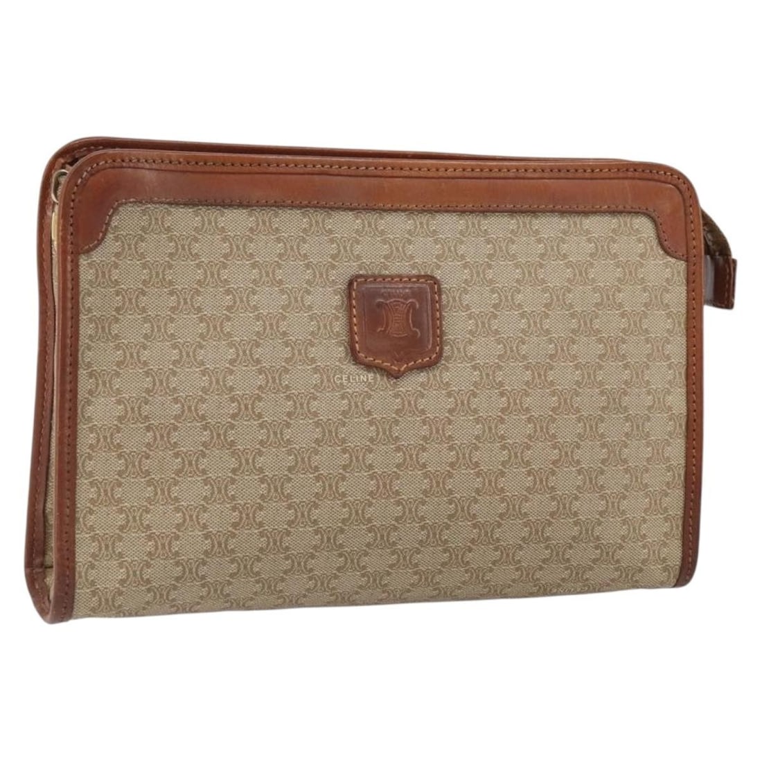 Celine Beige Macadam PVC Clutch Bag with Gold Accents: Celine Beige Macadam PVC Clutch Bag with Gold Accents This CELINE Macadam clutch bag features a beige and gold PVC leather exterior with the iconic Macadam canvas pattern. The bag is designed with a c