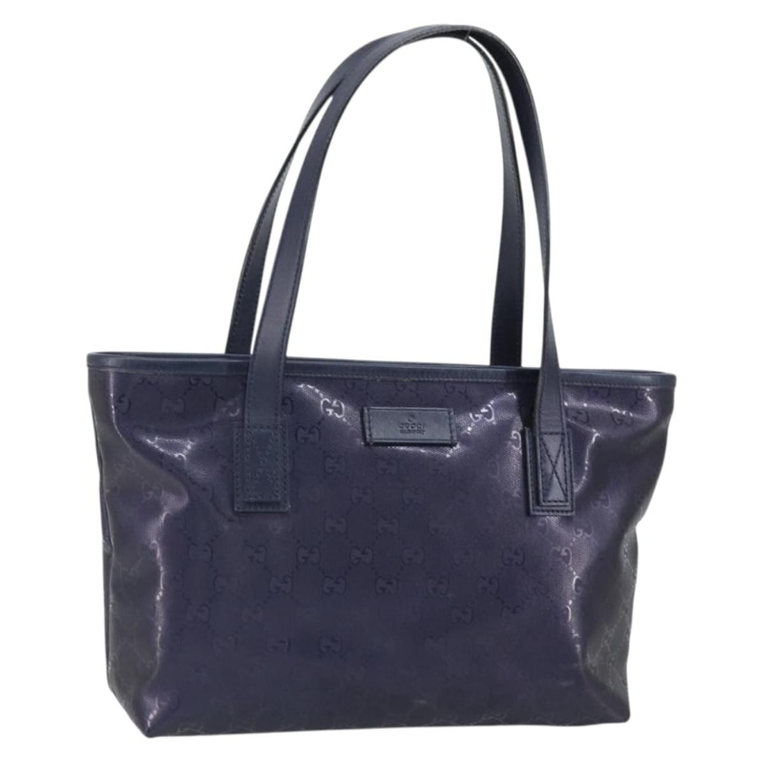 GUCCI 211138 GG Canvas PVC Leather Tote in Purple Navy: GUCCI 211138 GG Canvas PVC Leather Tote in Purple Navy Gucci tote bag in purple and navy with PVC leather and GG canvas construction. Made in Italy, this women's bag features a compact everyday silhou