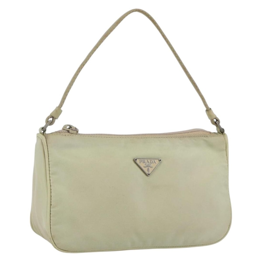 Prada Beige Nylon Women's Accessory Pouch Silver Tone Trim Italy: Prada Beige Nylon Women's Accessory Pouch Silver Tone Trim Italy This Prada accessory pouch is crafted from beige nylon with silver-tone accents and is designed for women. It features a compact shape 